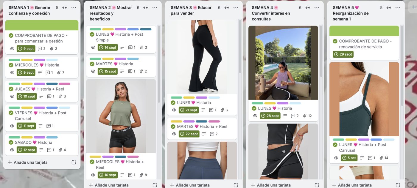 Tablero de Trello con la planificación organizada por semanas y días, con historias, posts y reels